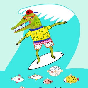May include: A green crocodile wearing a yellow shirt with palm trees, red sunglasses, and a red hat, is surfing on a white surfboard. The crocodile is riding a wave with a white crest. There are several colorful fish and a pufferfish in the blue water.