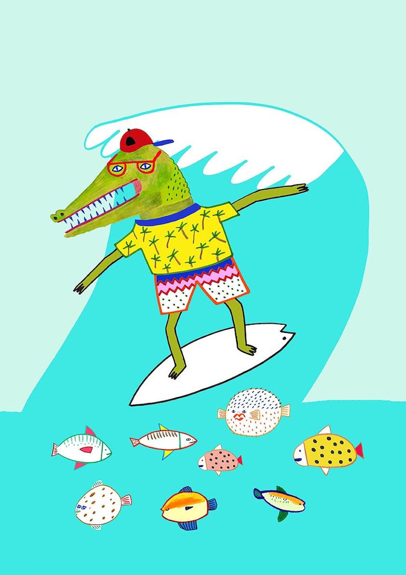 May include: A green crocodile wearing a yellow shirt with palm trees, red sunglasses, and a red hat, is surfing on a white surfboard. The crocodile is riding a wave with a white crest. There are several colorful fish and a pufferfish in the blue water.