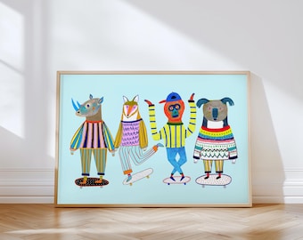 Skating Friends Art Print, Kids Wall Decor, Children's Room, Birthday Gifts, Bright Colorful Animal Artwork, Boys/Girls Nursery