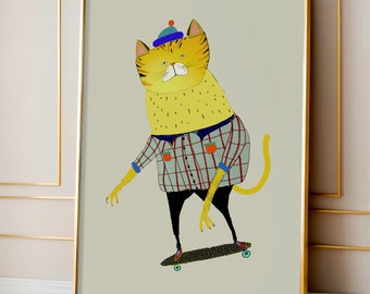 Impression d'art de skateur chat cool pour chambre de garçons - Déco murale animalière skateur tendance pour enfants et tout-petits - Poster d'illustrations pour enfants