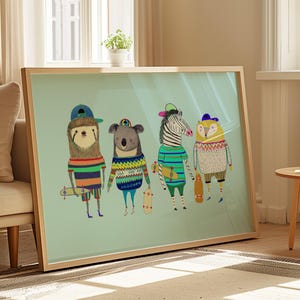 Lámina artística de Skater Dudes, decoración de pared infantil, ilustraciones de animales, regalo infantil, obra de arte azul, póster para niños pequeños, cumpleaños de niño