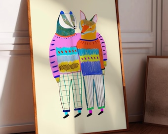 Cute Friends Art Print, Kids Wall Art, Gift for Children, Bright Colorful Prints, Nursery Decor, Boys and Girls, Illustration, Fox, Badger