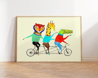 Fun Tandem Times Art Print For Children, Nursery and Kids Rooms - Cute Bike Wall Art For Baby and Toddlers - Animal Art Prints For Boys