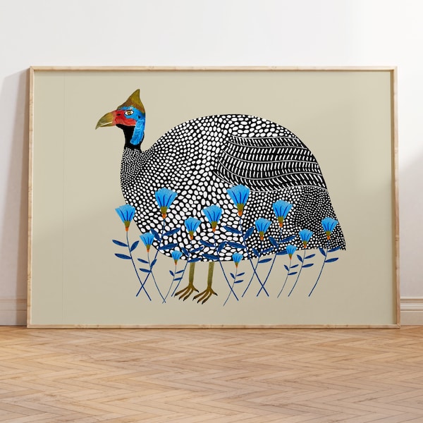 Guinea Fowl Illustration Art Print - Bird Home Decor - Living Room Wall Bird Decor - Print for Kitchen - House Warming Gift For Her - Bird