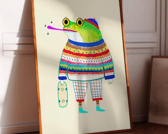 Hipster Frog Art Print, Kids Decor, Playroom Wall Decoration, Children's Illustration, Gift for Boys Birthday