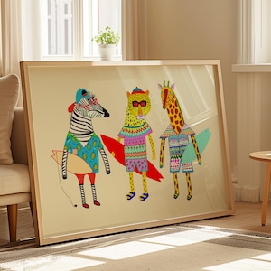 Surfer Dudes Art Print, Kinder Wand-Dekor, Surfen Poster, Strand Kunstwerk, Geburtstagsgeschenk, für Kinder, Küsten Illustration, Meer, Kinderzimmer