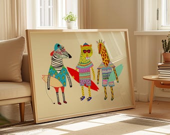 Surfer Friends Art Print, Kids Decor, Children's Playroom, Surfing Illustration, Birthday Gift, Boys Wall Decor