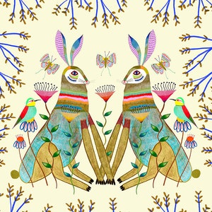 Majestic Hares in Paradise Art Print Decoración de pared para su cocina, sala de estar, dormitorio Ilustración de decoración del hogar de animales Conejo imagen 3