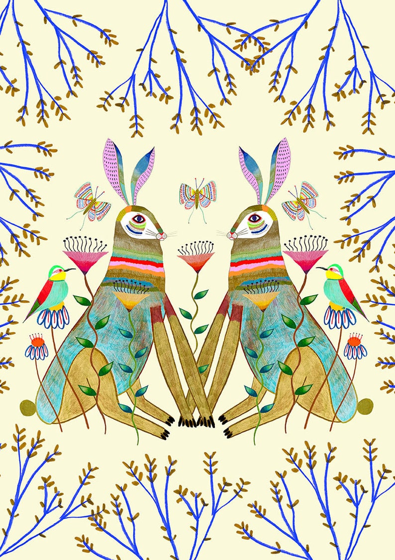 Majestic Hares in Paradise Art Print Decoración de pared para su cocina, sala de estar, dormitorio Ilustración de decoración del hogar de animales Conejo imagen 3