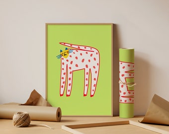 Cute Dotted Cat on Lime Green Art Print - Cat Decor For Cat Lovers