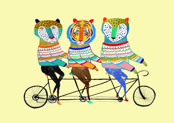 Tandem Bike Animals. Children's Art Kids Decor Art Print | Etsy