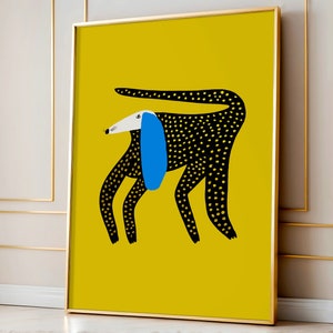 Dotted Dog with Blue Ear Art Print - Unique Home Decor For Her Living Room and Bedroom - Wall Decoration Illustration