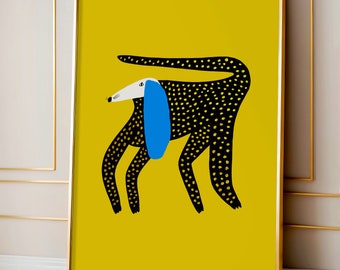 Dotted Dog with Blue Ear Art Print - Unique Home Decor For Her Living Room and Bedroom - Wall Decoration Illustration