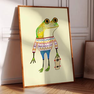 Lámina artística de Frog Dude, arte de pared para niños, póster de skate, regalo de baby shower, cumpleaños de niño, patinador, brillante y colorido.