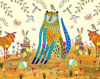 Leopard and Hares Whimsical Folk Art Print For Children and Nursery