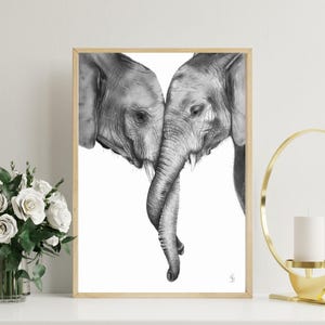 Elephants Embracing - Hand Drawn - Wall Art - Graphite Pencil - Poster - Wildlife Drawing - Animal Print - Unique Home Decor - Africa - Gift