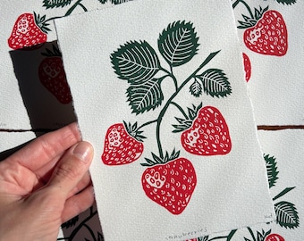 Strawberry Block Print | Handmade Linocut | Kitchen Home Wall Art (5x7)