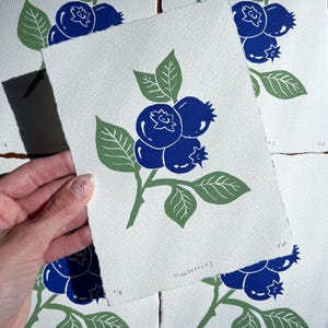 Blueberry Block Print | Handmade Linocut | Kitchen Home Wall Art (5x7)