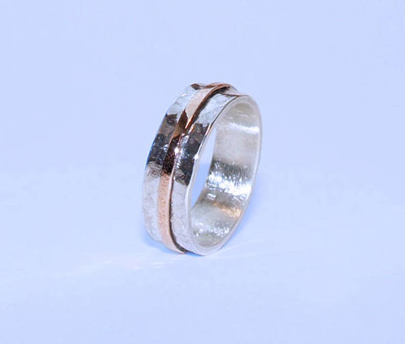 Sterling Silver hammered ring with 9 carat rose gold stripe chunky ring bold statement unisex wedding