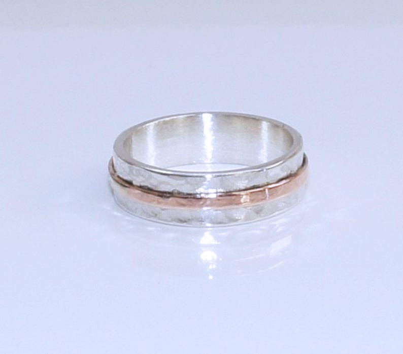 Sterling Silver hammered ring with 9 carat rose gold stripe chunky ring bold statement unisex wedding