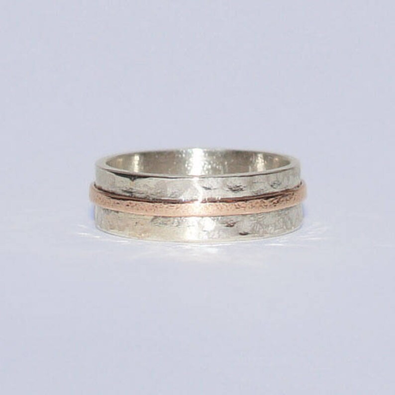 Sterling Silver hammered ring with 9 carat rose gold stripe chunky ring bold statement unisex wedding