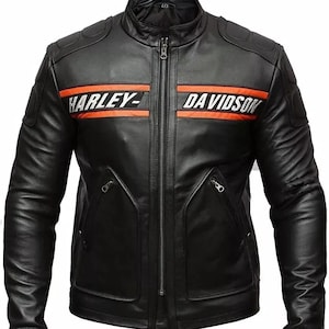 May include: Black leather motorcycle jacket with a stand-up collar and a full-length zipper. The jacket features the words "HARLEY-" and "DAVIDSON" in white lettering with orange stripes.