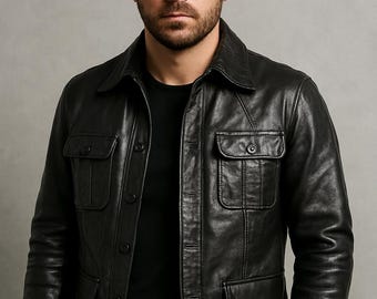 Vintage Handmade Lambskin Leather Jacket: Four Pocket Shirt Collar