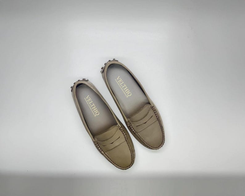 Handmade taupe loafers with genuine leather