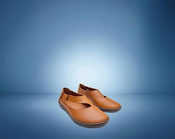 Handmade Tan Leather Women's Flats: Wide Fit Zero Drop Loafers