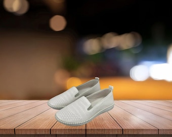 Zapatos de mujer de cuero genuino hechos a mano / Beige, bailarinas ortopédicas sin cordones / Mocasines cómodos