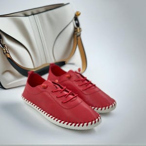Handmade Genuine Leather Shoes | Red Women’s Shoes | Minimalist Lace-Up Flats | Comfortable Casual Walking Shoes | Turkish Leather