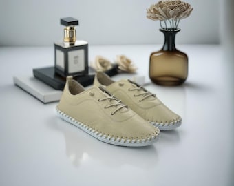 Handmade Turkish Leather Flats | Beige Lace-Up Walking Shoes