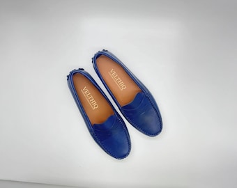 Handmade Leather Loafers: Navy Blue Slip-On Flats, Barefoot Shoes