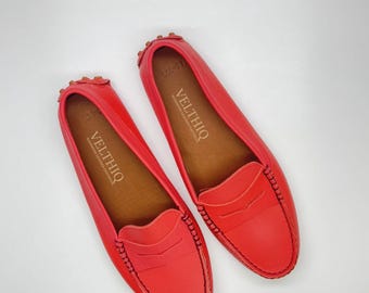 Handmade Red Leather Loafers: Comfortable Women's Driving Flats