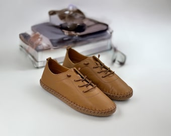 Handmade Turkish Leather Shoes | Women's Tan Lace-Up Minimalist Flats
