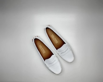 Handmade Leather Loafers: White Slip-On Flats, Soft Sole Driving Shoes