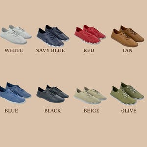 May include: Pairs of casual shoes in various colors, including white, navy blue, red, tan, blue, black, beige, and olive. Each pair is displayed with the color name underneath. The shoes have a minimalist design with laces.