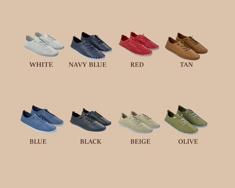 May include: Pairs of casual shoes in various colors, including white, navy blue, red, tan, blue, black, beige, and olive. Each pair is displayed with the color name underneath. The shoes have a minimalist design with laces.