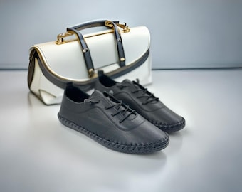 Handmade Genuine Leather Shoes | Minimalist Black Lace-Up Flats