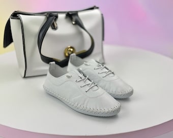 Zapatos de piel auténtica hechos a mano / Zapatos blancos de mujer / Zapatos planos minimalistas con cordones / Zapatos casuales y cómodos para caminar / Piel turca