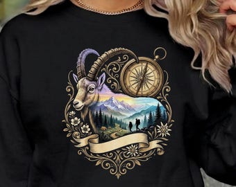 Mountain Goat Compass Landscape PNG, Ibex Adventure Sublimation Design (Digital Download)