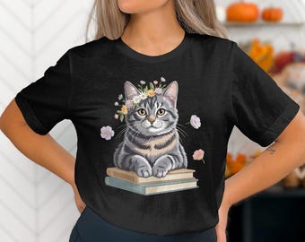 Floral Cat on Books PNG, Cottagecore Cat Illustration for Book Lovers Sublimation