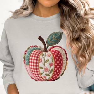 Patchwork-Apfel PNG, gesteppte Obstkunst, Vintage Cottagecore-Design