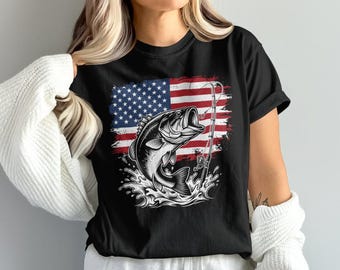 Camo Bass Fish PNG with American Flag, Patriotic Fisherman Sublimation Design