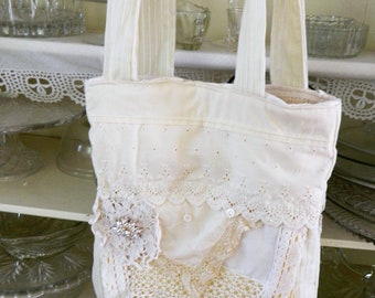 Shabby Fabric Shoulder Bag Vintage Linens Purse Handmade Fabric Bag Layered Linens Bag Free Shipping