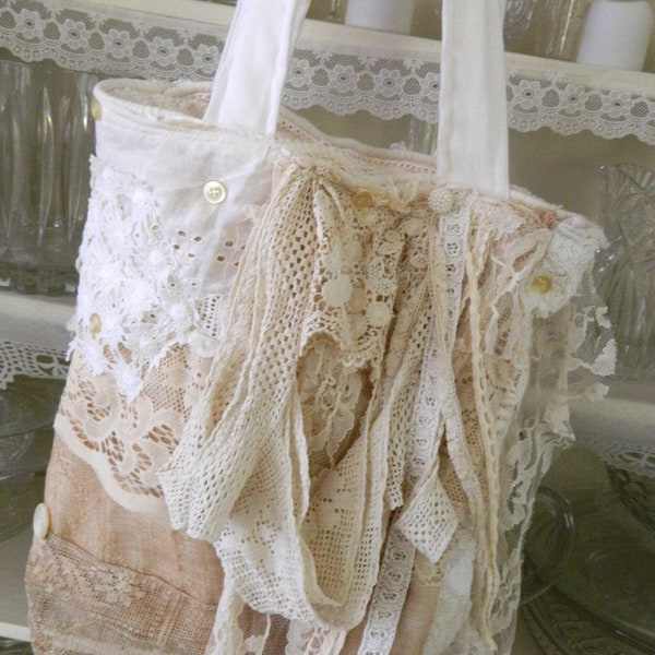 Shabby Layered Lace Bag Vintage Linens Purse Handmade Fabric Bag Free Shipping