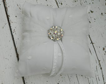 White Satin Wedding Ring Pillow with Sparkly Charm