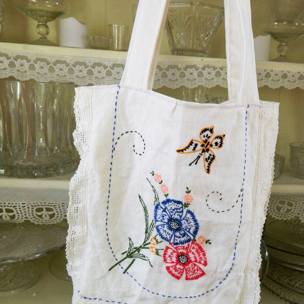 Vintage Linens Market Bag Retro Shopping Bag Handmade Fabric Bag Upcyled Fabric Market Bag Free Shipping