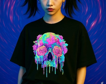 Neon Floral Skull T-Shirt -  Unisex Psychedelic Oversized Tee, Gothic Psychedelic Streetwear, Rose Skull Graphic Top, Skull Rave Fashion Top