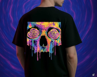 Psychedelic Skull Rose T Shirt - UNISEX Trippy Melting Skull Graphic Tee, Neon Rave Top, Gothic Streetwear Oversized Shirt, Backprint Tee